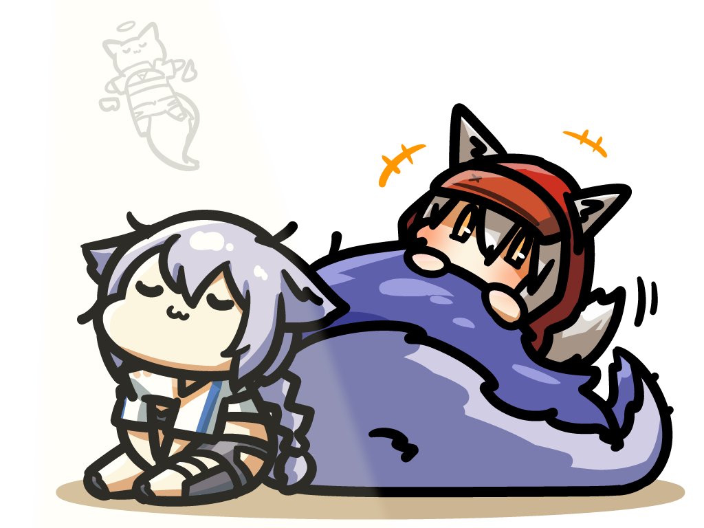 2girls, :3, animal_ears, arknights, braid, chibi, closed_eyes, giving_up_the_ghost