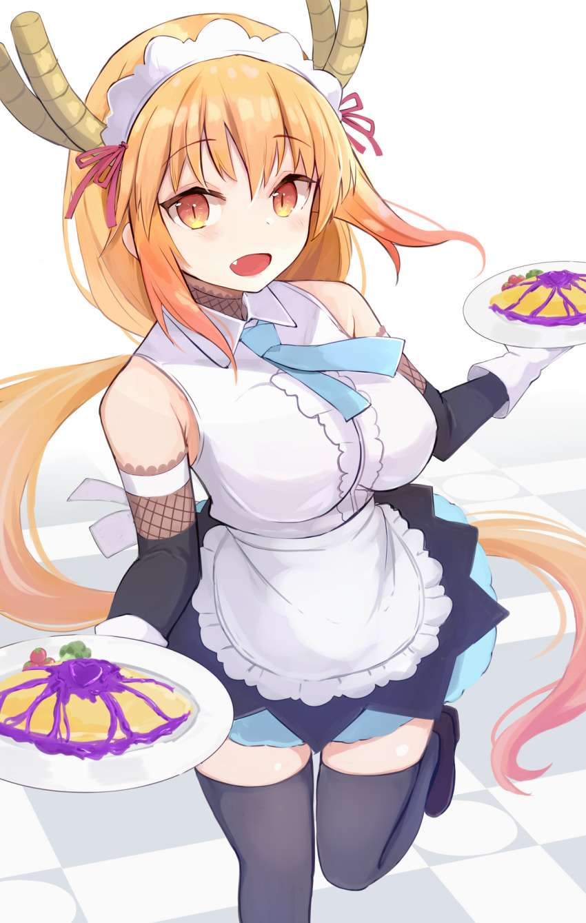 1girl, apron, blonde_hair, blue_necktie, blush, bridal_gauntlets, colored_tips, dragon_girl