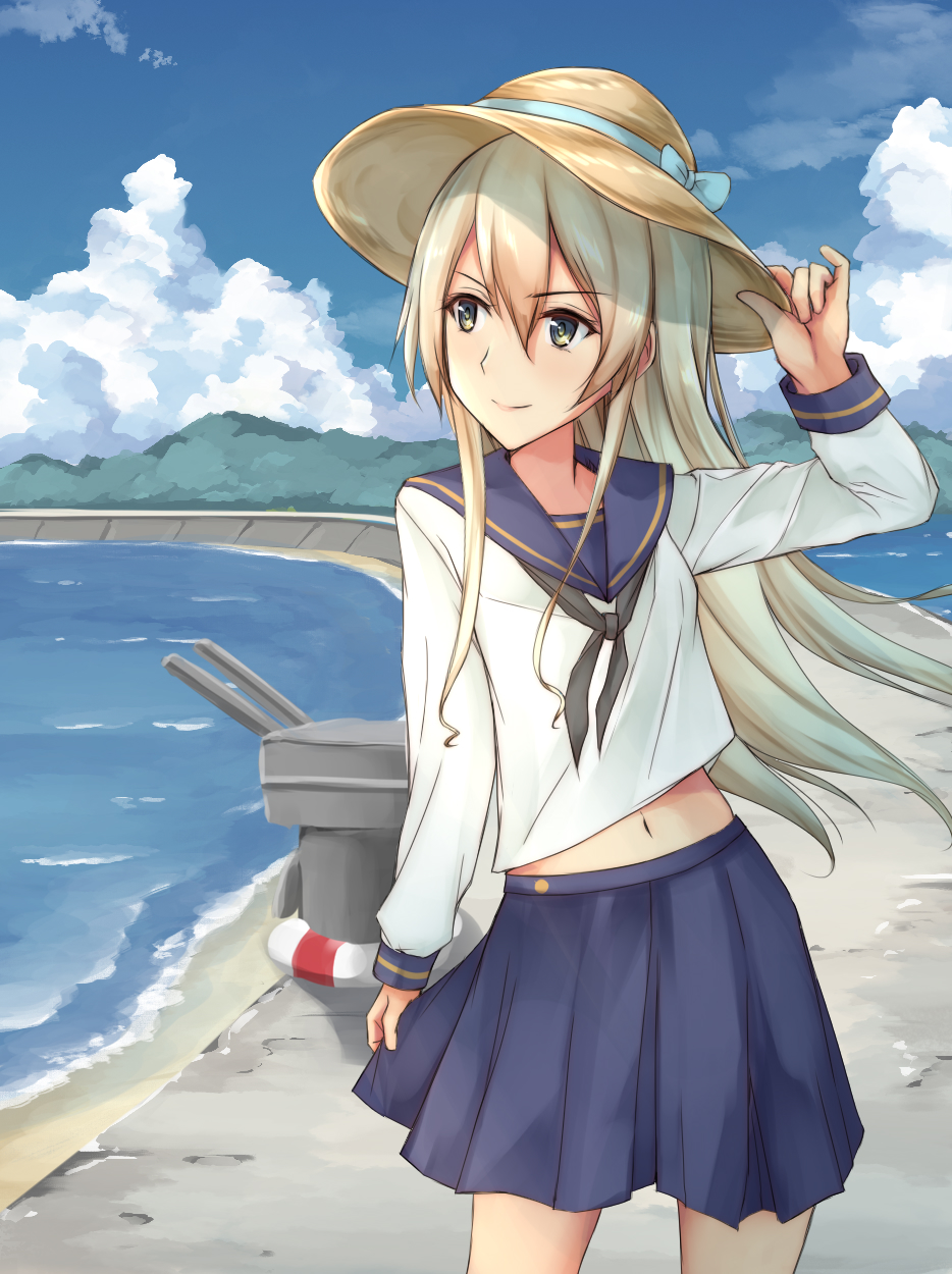 1girl, alternate_costume, anatamo, beach, blonde_hair, blue_sailor_collar, blue_skirt, blue_sky