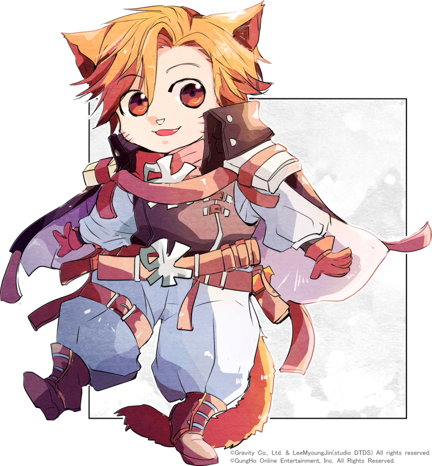 1boy, asymmetrical_hair, belt, black_jacket, blonde_hair, boots, brown_belt, brown_boots, brown_gloves, chibi, commentary_request, facial_mark, full_body, gloves, highres, jacket, kemonomimi_mode, looking_at_viewer, lucky_(ragnarok_online), open_mouth, pants, pouch, ragnarok_online, rebellion_(ragnarok_online), shintaro_(kikudukihajime), shirt, short_hair, solo, whisker_markings, white_pants, white_shirt