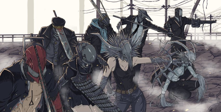 3girls, 5boys, barem_(chainsaw_man), black_shirt, black_skirt, black_suit, blood, bloody_weapon, blouse, bomb, bomb_devil_(chainsaw_man), bow_(weapon), business_suit, chainsaw, chainsaw_man, crossbow, denji_(chainsaw_man), erupusai2, explosive, flamethrower, flamethrower_devil_(chainsaw_man), formal_clothes, highres, hood, hoodie, katana, katana_man_(chainsaw_man), longsword_devil_(chainsaw_man), multiple_boys, multiple_girls, necktie, over_shoulder, pleated_skirt, power_lines, quanxi_(chainsaw_man), reze_(chainsaw_man), sailor_collar, school_uniform, serafuku, sharp_teeth, shirt, skirt, spear_devil_(chainsaw_man), spoilers, sugo_miri, suit, sword, teeth, torn_clothes, transformation, utility_pole, weapon, whip, whip_devil_(chainsaw_man)