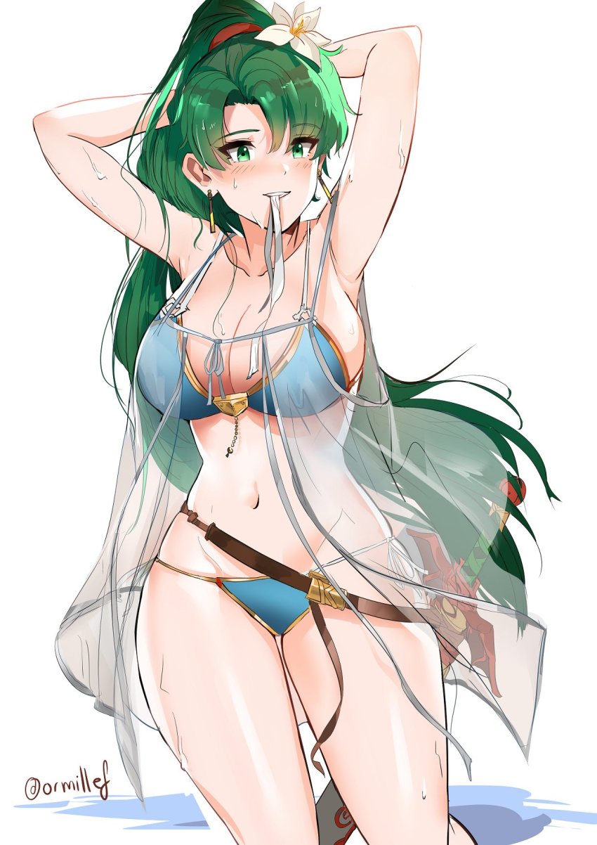 1girl, alternate_costume, arms_behind_head, belt, bikini, blue_bikini, blush, breasts, cleavage, collarbone, commentary, cosplay, fire_emblem, fire_emblem:_the_blazing_blade, flower, gold_trim, granblue_fantasy, green_eyes, green_hair, groin, hair_flower, hair_ornament, highres, jeanne_d'arc_(granblue_fantasy), jeanne_d'arc_(granblue_fantasy)_(cosplay), large_breasts, long_hair, lyn_(fire_emblem), mouth_hold, navel, nintendo, ocean, ormille, ponytail, red_ribbon, ribbon, ribbon_in_mouth, see-through_clothes, shadow, sheath, simple_background, solo, strap_gap, string_bikini, sweat, swimsuit, thighs, twitter_username, tying_hair, very_long_hair, white_ribbon