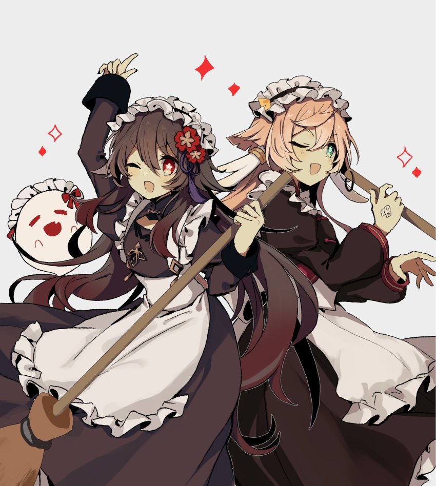 2girls, black_hair, flower, genshin_impact, ghost, green_eyes, grey_background, hair_between_eyes