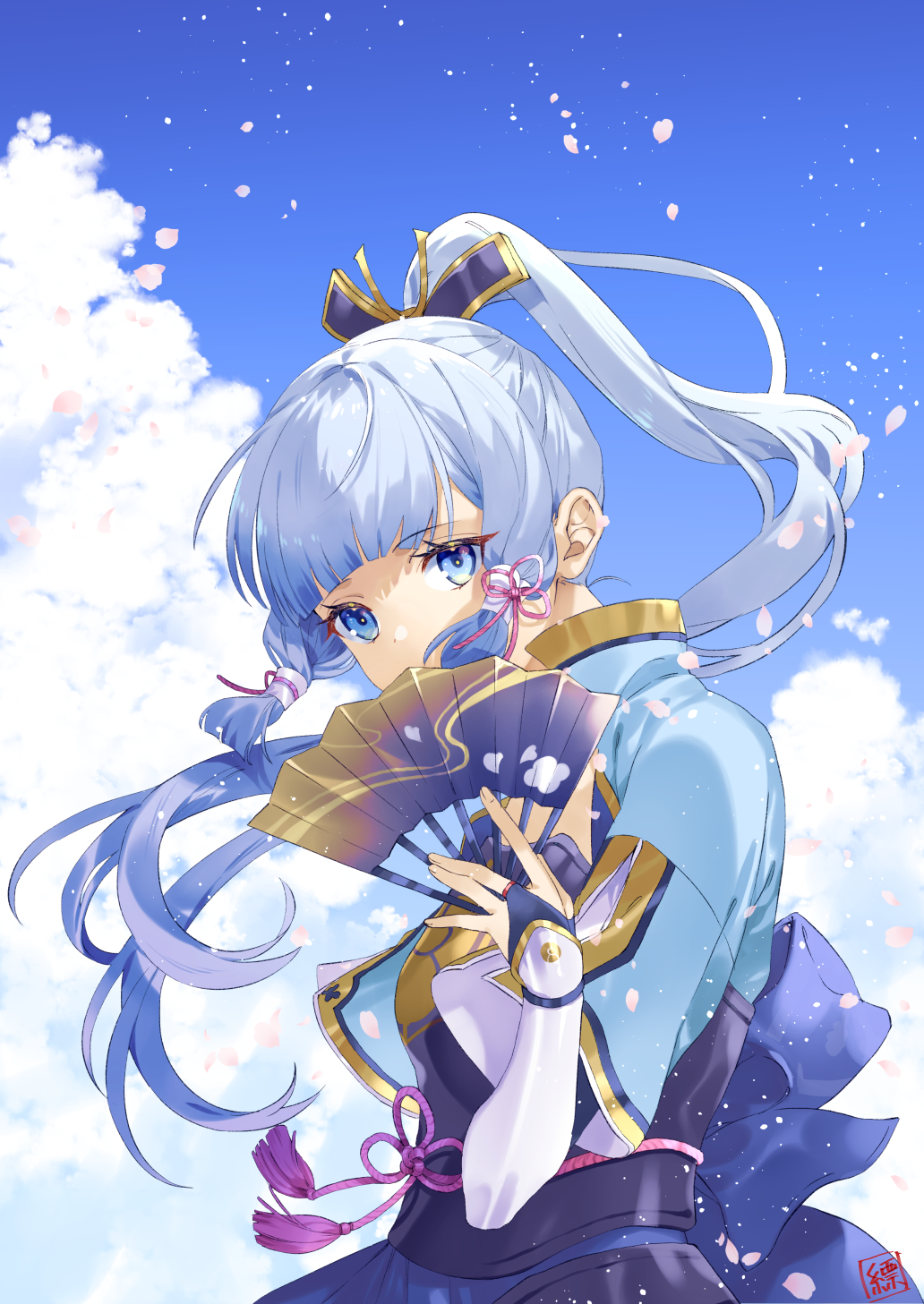 1girl, ayaka_(genshin_impact), blue_eyes, blue_hair, blue_sky, blunt_bangs, cloud, covering_own_mouth, dress, fingerless_gloves, genshin_impact, gloves, hair_ornament, hair_ribbon, highres, japanese_clothes, looking_at_viewer, mou_(mooooow), petals, ponytail, ribbon, sidelocks, sky, solo, vambraces