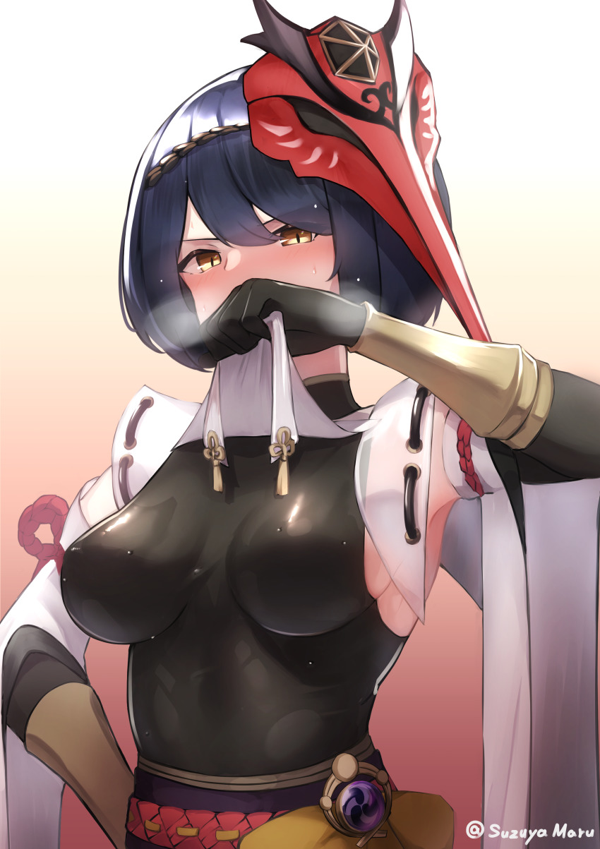 1girl, absurdres, black_bodysuit, black_gloves, bodysuit, breasts, clothes_lift, genshin_impact