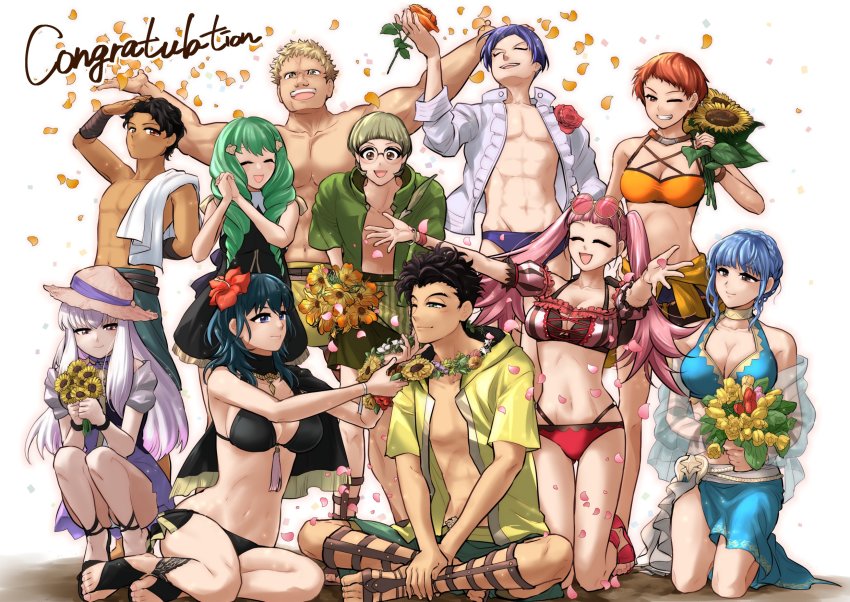 5boys, 6+girls, :d, alternate_costume, bikini, black_bikini, blue_bikini, blue_hair