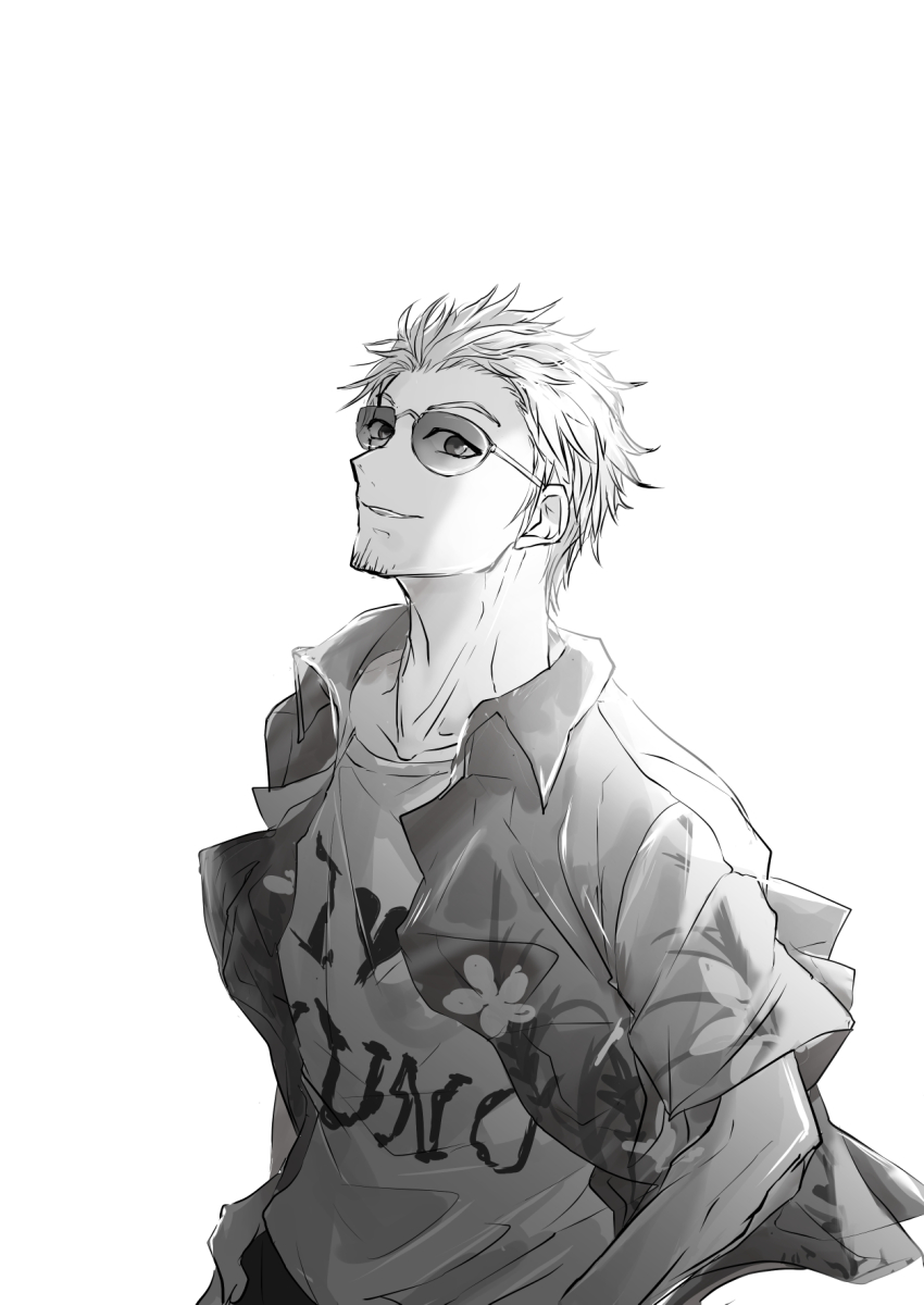 1boy, collared_shirt, commentary_request, facial_hair, greyscale, hawaiian_shirt, highres, i_heart...