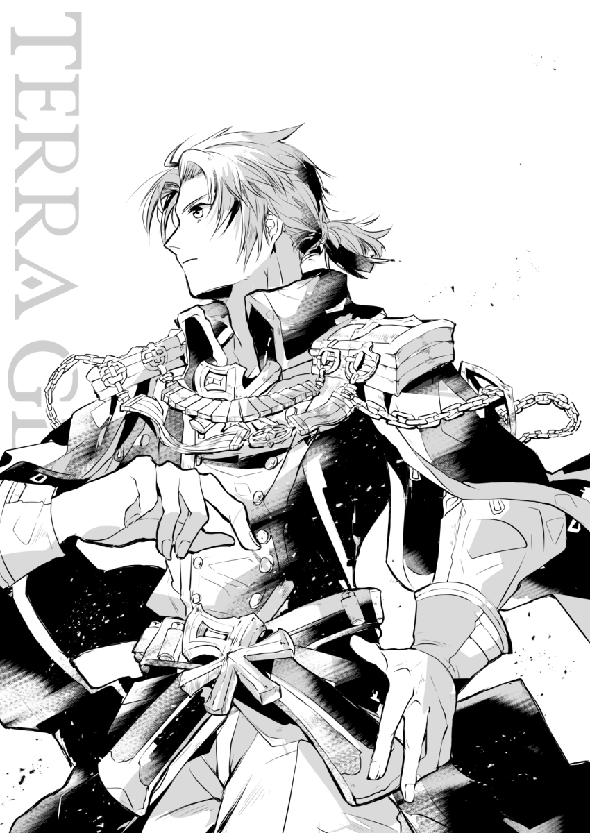 1boy, buttons, chain, closed_mouth, commentary_request, cowboy_shot, double-breasted, epaulettes