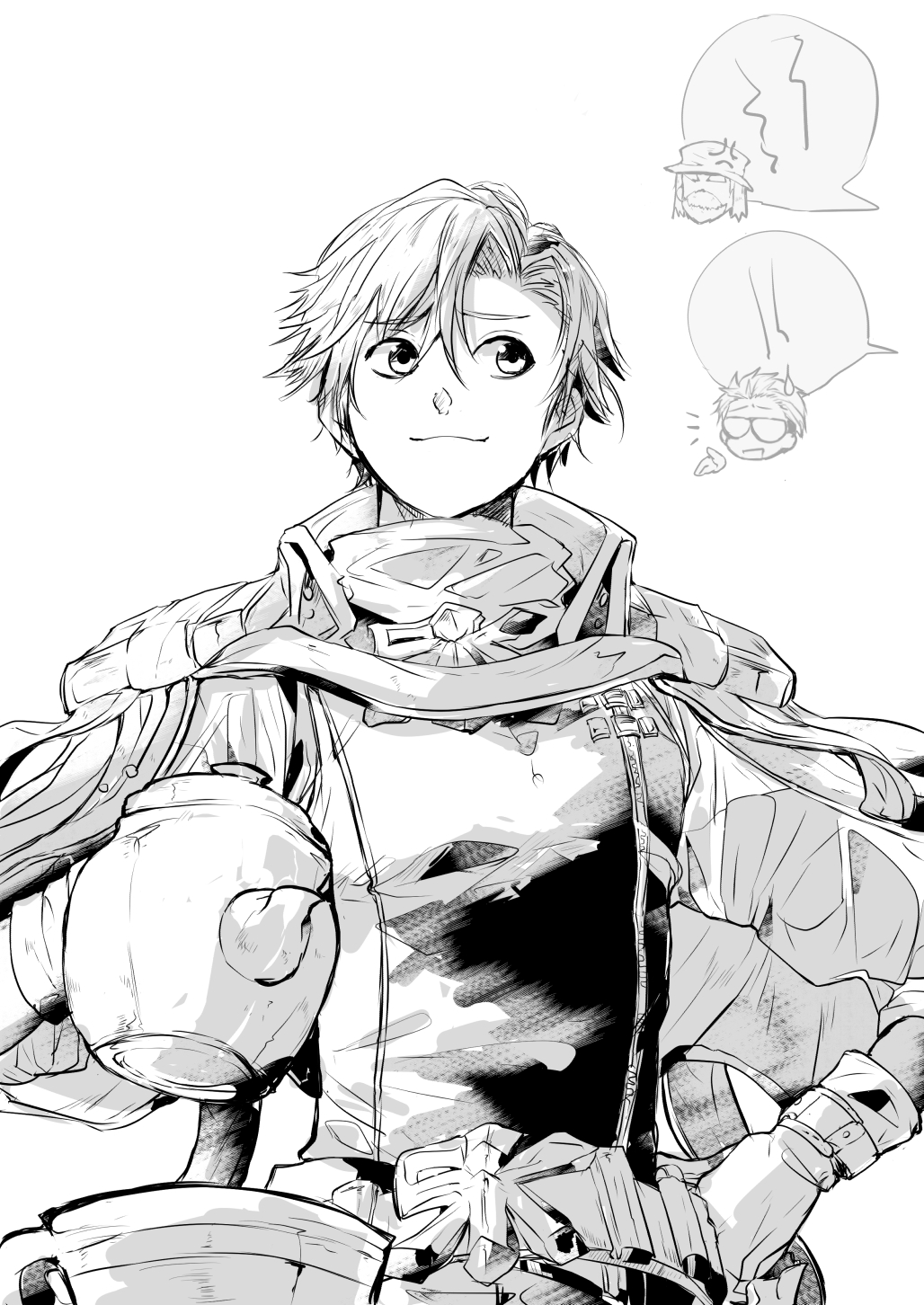 3boys, anger_vein, asymmetrical_hair, chibi, chibi_inset, closed_mouth, commentary_request, cup