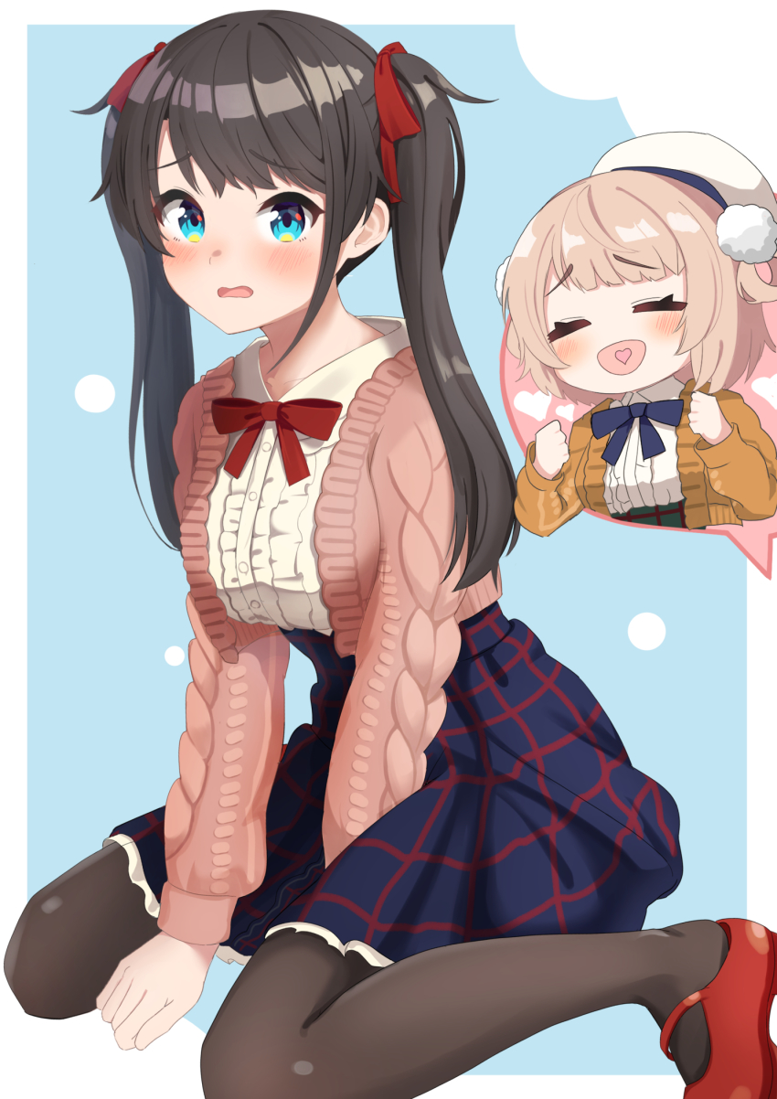 2girls, aqua_eyes, aran_sweater, arms_between_legs, backy1005, black_legwear, blue_skirt, blush, bow, bowtie, brown_hair, cable_knit, center_frills, collared_shirt, embarrassed, frilled_shirt, frilled_shirt_collar, frills, hair_ribbon, high-waist_skirt, highres, hololive, long_hair, mary_janes, multiple_girls, oozora_subaru, oozora_subaru_(casual), open_mouth, pantyhose, pink_sweater, plaid_clothes, plaid_skirt, red_footwear, red_neckwear, red_ribbon, ribbon, shigure_ui_(vtuber), shigure_ui_(casual)_(vtuber), shiny_clothes, shiny_legwear, shirt, shoes, sitting, skirt, solo_focus, sweater, swept_bangs, twintails, virgin_killer_outfit, virtual_youtuber, wariza, white_shirt