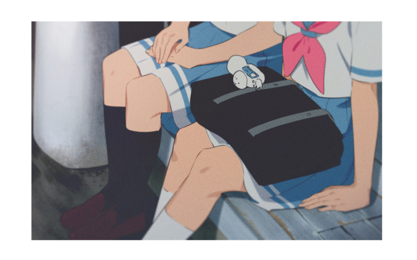 2girls, bag, black_legwear, blue_sailor_collar, blue_skirt, brown_footwear, chair, eupho-kun