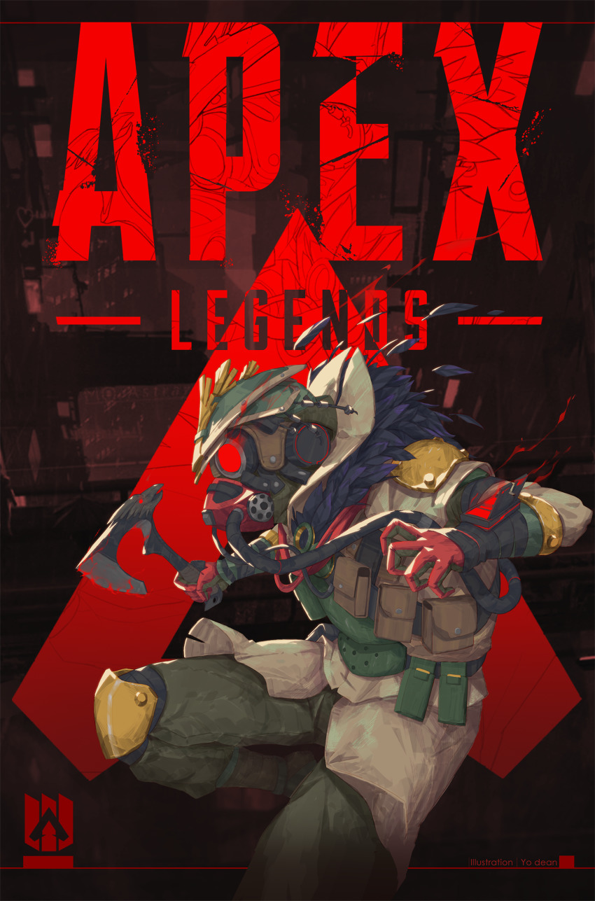 1other, absurdres, ambiguous_gender, apex_legends, axe, bloodhound_(apex_legends), brown_jacket, cable