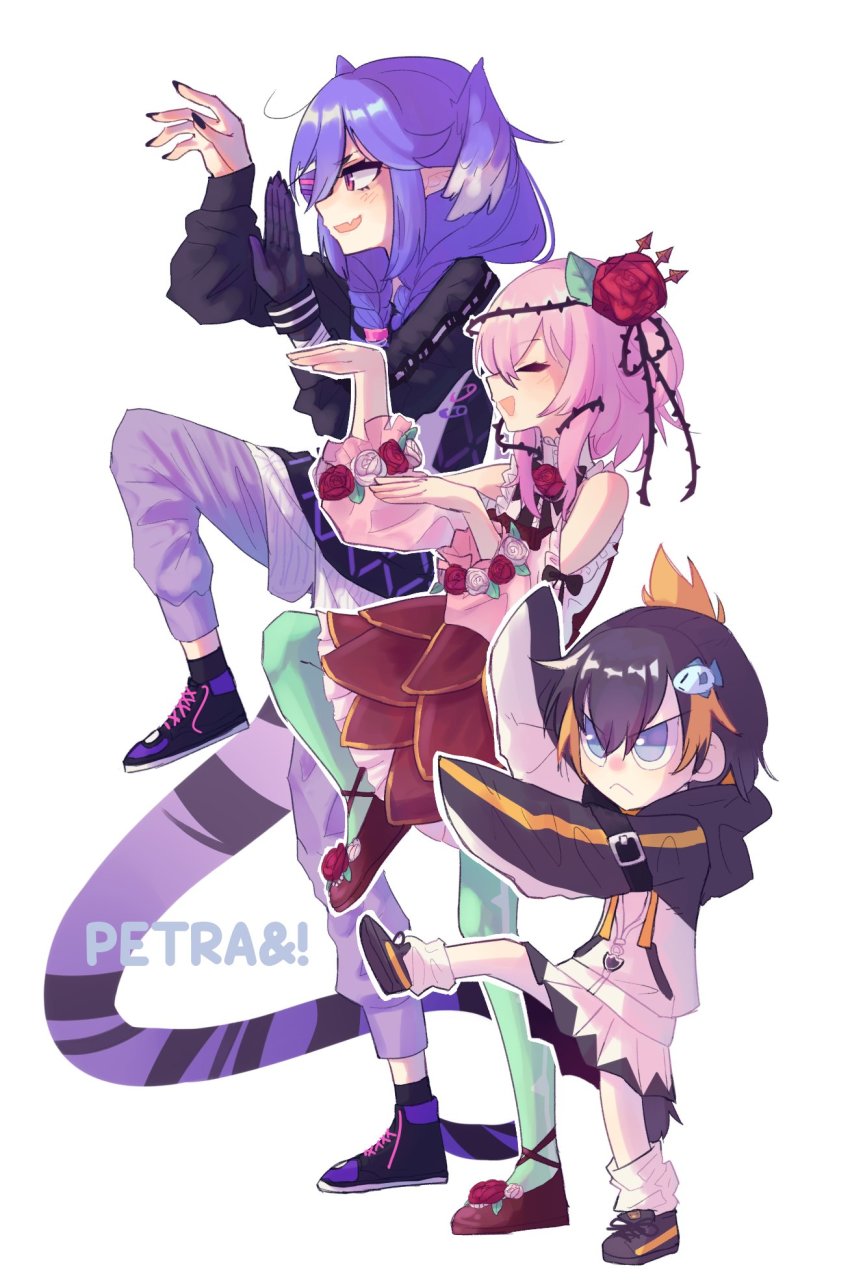 3girls, black_bow, black_footwear, black_hoodie, black_nails, blue_eyes, bow, braid