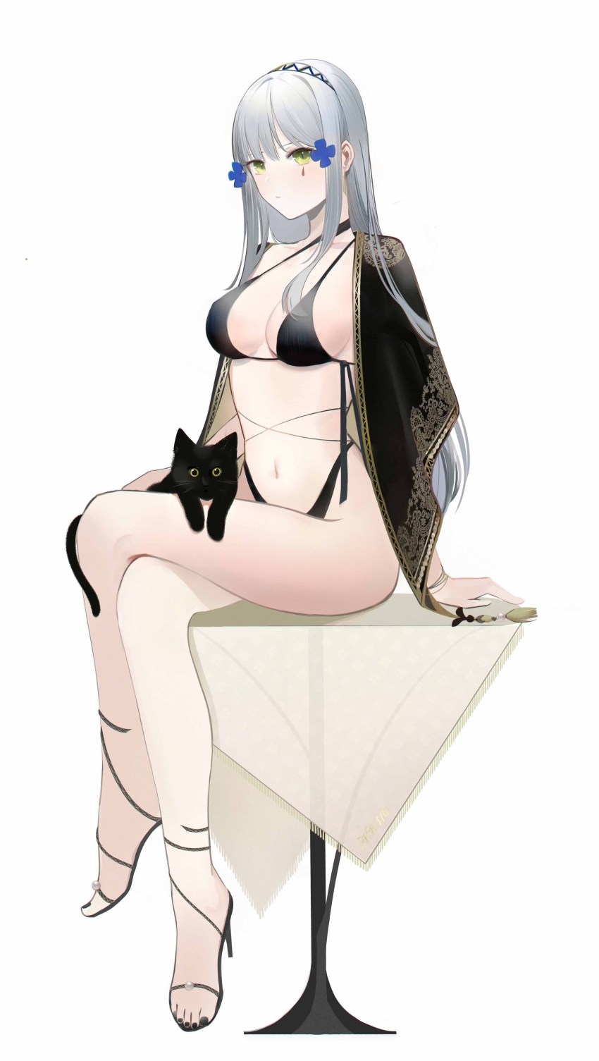 1girl, absurdres, assault_rifle, bad_id, bad_pixiv_id, bikini, black_cat, black_nails, cape, cat, chilli_646, crossed_legs, desk, feet, girls'_frontline, green_eyes, gun, h&amp;k_hk416, hair_ornament, high_heels, highres, hk416_(girls'_frontline), long_hair, looking_at_viewer, nail_polish, navel, on_desk, rifle, silver_hair, simple_background, sitting, sitting_on_table, swimsuit, tattoo, teardrop_tattoo, thighs, toenail_polish, toenails, weapon, white_background
