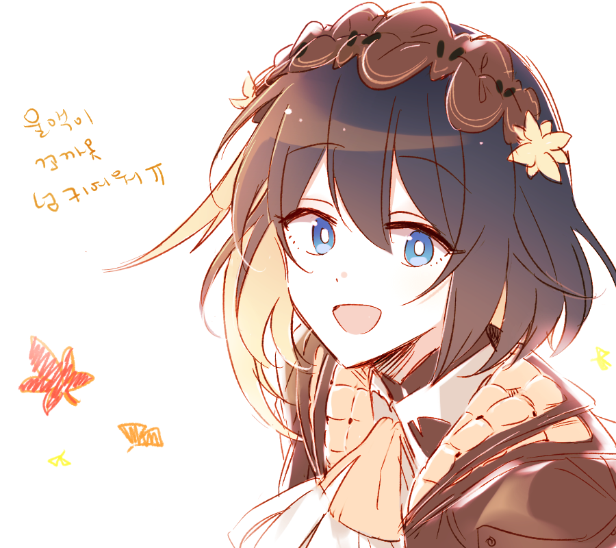 1girl, 6_(yuchae), :d, black_hair, blue_eyes, brown_jacket, hair_between_eyes, hair_ornament