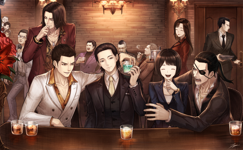 1988, aged_down, alcohol, awano_hiroki, bar_(place), black_hair, black_jacket, blue_suit, brick_wall, chain_print, cigarette, closed_eyes, earrings, everyone, eyepatch, flower, formal_clothes, gold_necklace, good_end, hair_slicked_back, happy, jacket, jewelry, kashiwagi_osamu, kiryu_kazuma, kuze_daisaku, lee_wen_hai, long_hair, majima_goro, makimura_makoto, manly, mature_male, medium_hair, multiple_boys, music, necklace, nishikiyama_akira, nishitani_homare, oda_jun, reina_(ryuu_ga_gotoku), ryuu_ga_gotoku_(series), ryuu_ga_gotoku_0, sagawa_tsukasa, shibusawa_keiji, singing, smoke, smoke_trail, smoking, suit, tachibana_tetsu, tenyo0819, turtleneck, white_jacket, yakuza