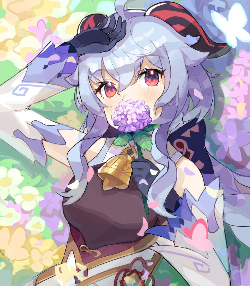 1girl, ahoge, bare_shoulders, bell, black_gloves, blue_hair, breasts, detached_sleeves