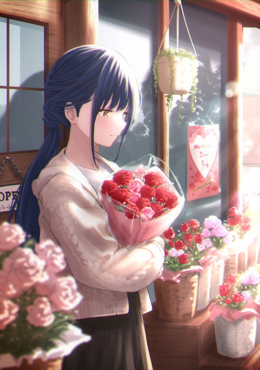 1girl, blue_hair, blush, bouquet, carnation, display, flower, from_side