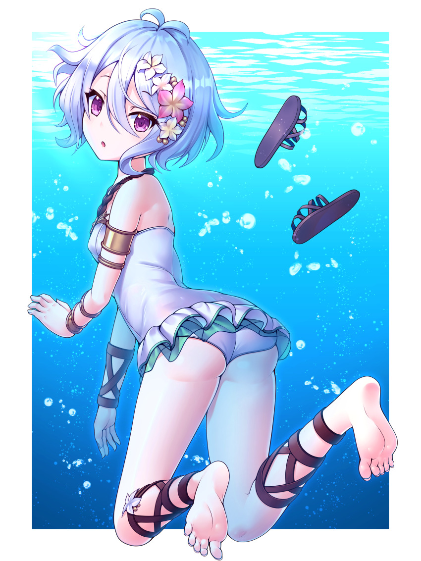 1girl, absurdres, antenna_hair, armlet, elf, hair_between_eyes, hazakura_shoha, highres, jewelry, kokkoro_(princess_connect!), kokkoro_(summer)_(princess_connect!), one-piece_swimsuit, outside_border, pointy_ears, princess_connect!, red_eyes, sandals, solo, swimsuit, tagme, unworn_sandals, white_hair, white_one-piece_swimsuit