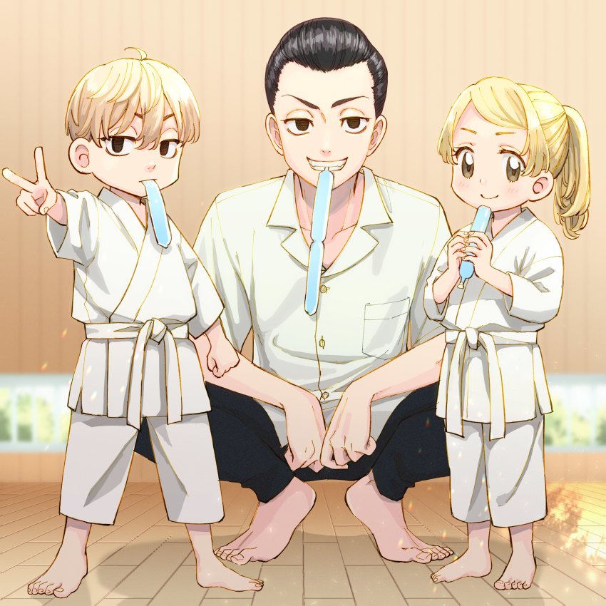 1girl, 2boys, absurdres, aged_down, barefoot, black_eyes, black_hair, black_pants, blonde_hair, blurry, blush, cb_mei, closed_mouth, day, depth_of_field, dougi, empty_eyes, facing_viewer, food, food_in_mouth, full_body, grin, hand_up, high_ponytail, highres, holding, holding_food, indoors, looking_at_viewer, meimei_(cb_mei), multiple_boys, pants, ponytail, running_bond, sano_emma, sano_manjirou, sano_shinichirou, shirt, short_hair, short_sleeves, siblings, smile, squatting, standing, swept_bangs, tokyo_revengers, tupet, v, white_shirt, wooden_floor