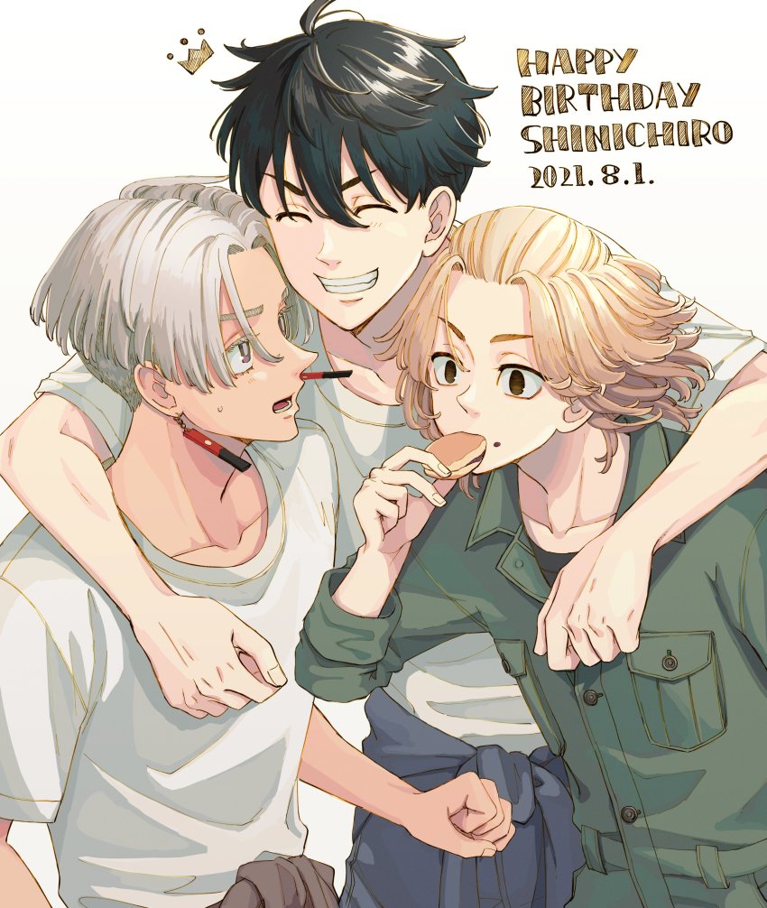 3boys, ^_^, absurdres, arm_around_shoulder, black_eyes, black_hair, blonde_hair, brothers