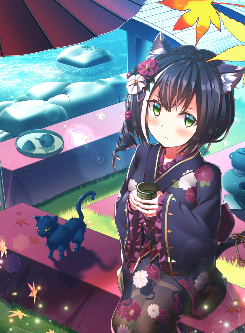 1girl, absurdres, animal_ear_fluff, black_hair, blush, braid, cat_girl, crown_braid
