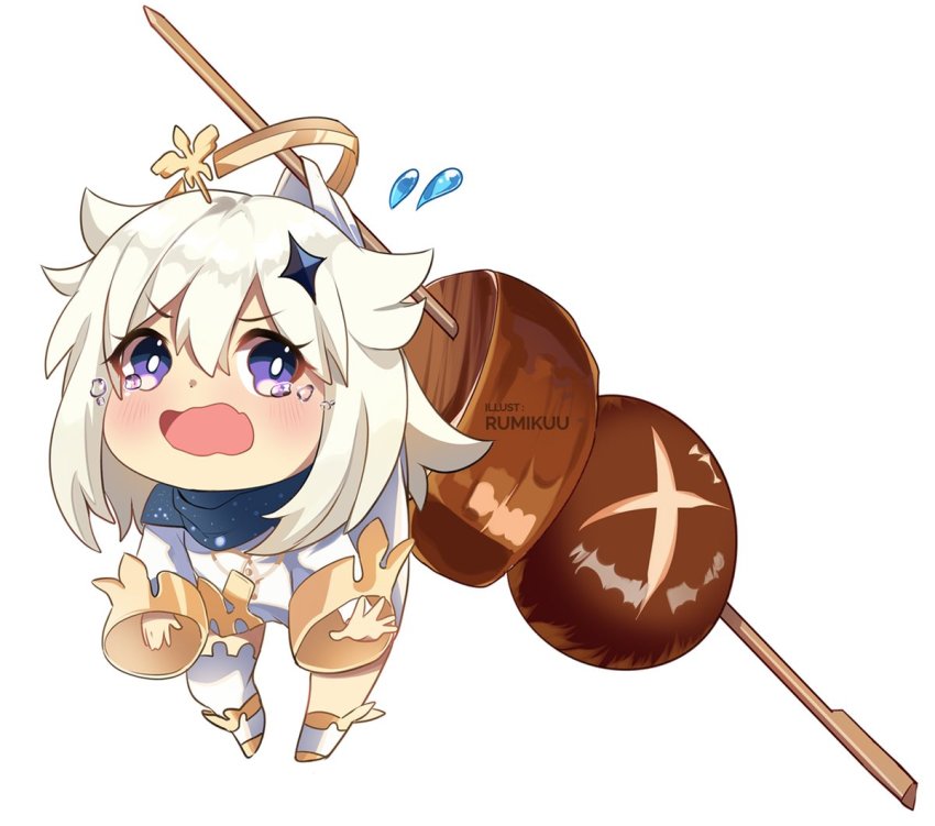 1girl, :o, artist_name, black_scarf, chicken-mushroom_skewer_(genshin_impact), commentary, constellation_print, crying