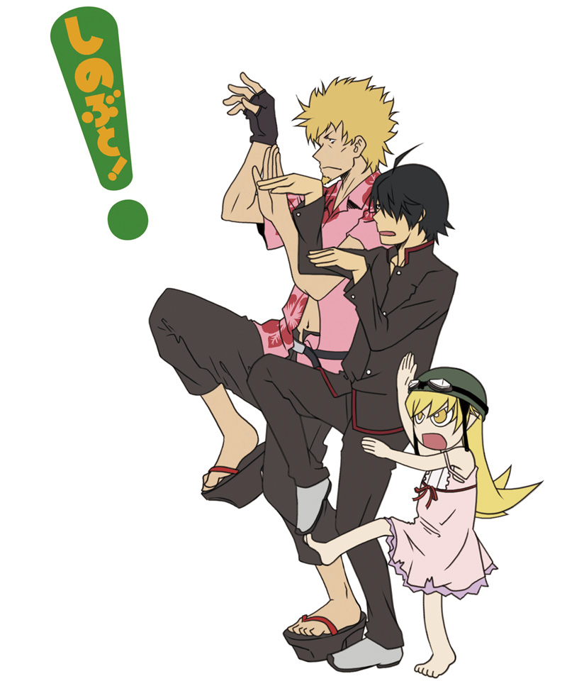 1girl, 2boys, ahoge, araragi_koyomi, bakemonogatari, barefoot, black_hair, blonde_hair, dress, fingerless_gloves, gloves, helmet, kondou_mu, long_hair, monogatari_(series), multiple_boys, open_mouth, oshino_meme, oshino_shinobu, parody, school_uniform, short_hair, tanabe_kyou, vampire, yellow_eyes, yotsubato!, yotsubato!_pose