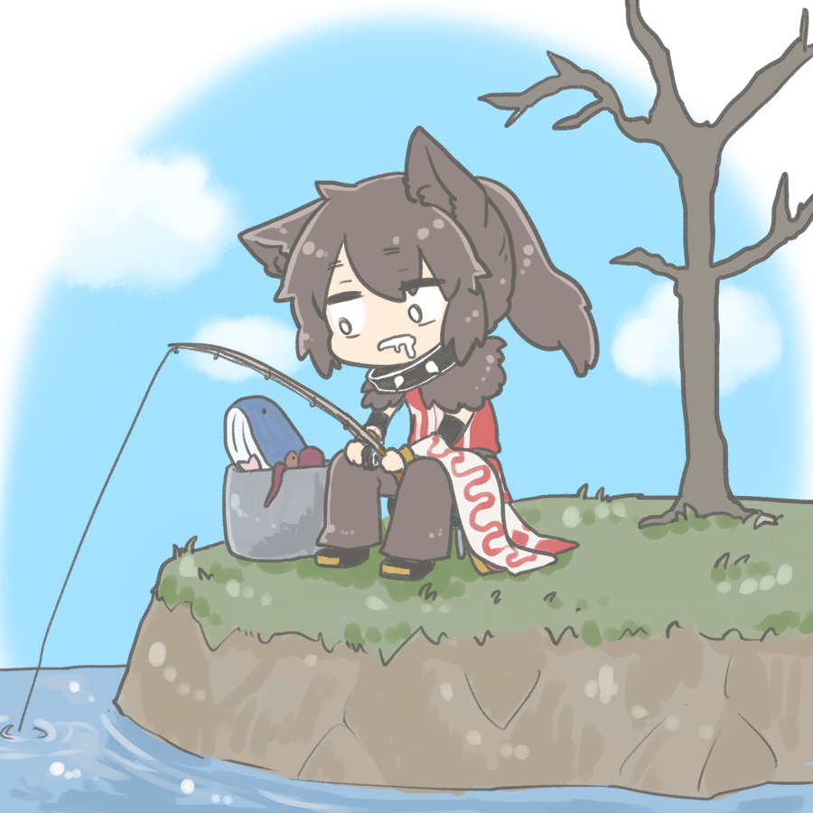 1boy, animal_ears, bare_tree, black_hair, brown_pants, bucket, cat_ears, chibi