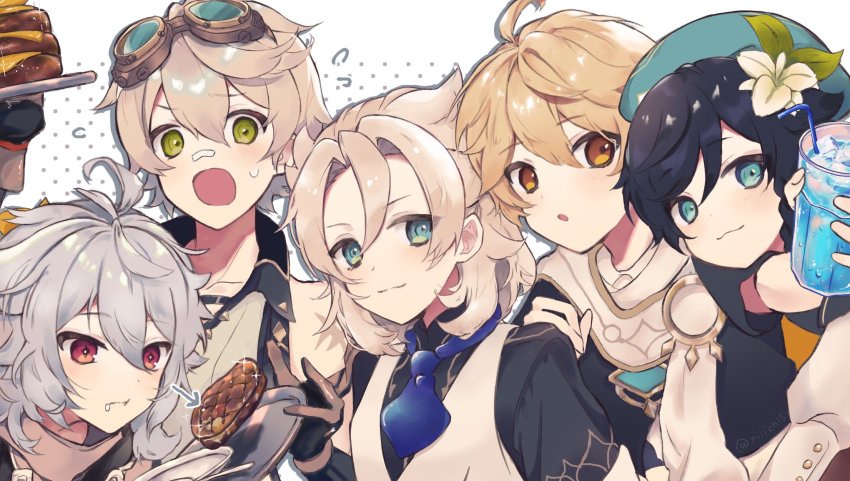 5boys, :3, aether_(genshin_impact), ahoge, albedo_(genshin_impact), albedo_(sweets_paradise)_(genshin_impact), bandaid, bandaid_on_face