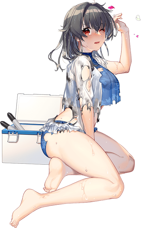 1girl, akasaka_yuzu, bare_legs, barefoot, bikini, black_hair, blue_bikini, blush