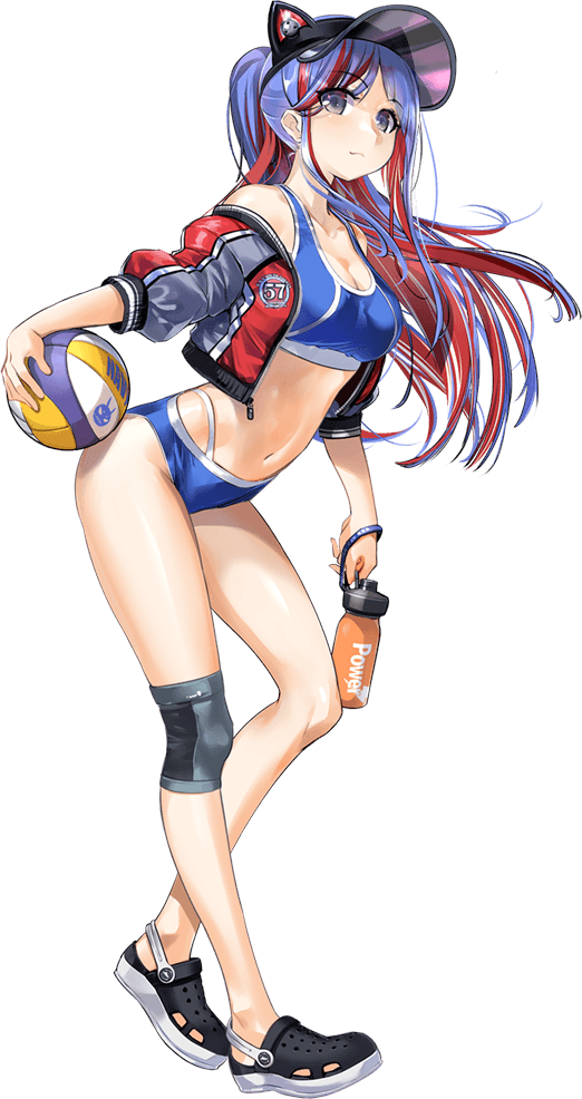 1girl, animal_hat, ball, blue_hair, blue_tank_top, breasts, cat_hat, cleavage