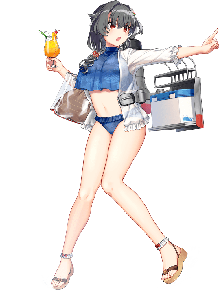 1girl, akasaka_yuzu, bag, bikini, black_hair, blue_bikini, braid, breasts