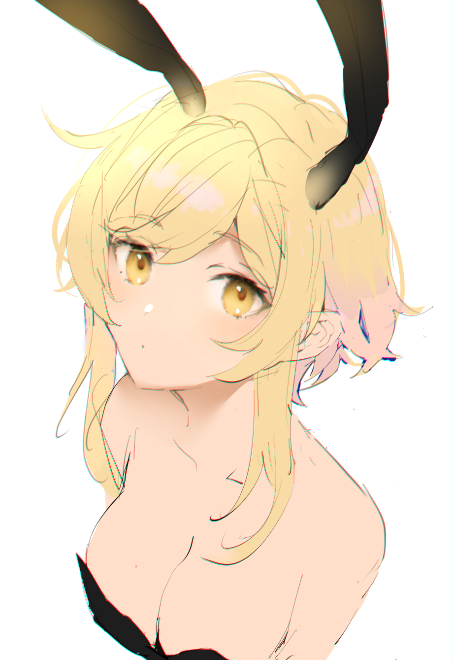 1girl, alternate_costume, animal_ears, bare_shoulders, black_leotard, blonde_hair, breasts, cleavage, collarbone, eyebrows_hidden_by_hair, eyes_visible_through_hair, fake_animal_ears, from_above, genshin_impact, hair_between_eyes, highres, kazuki_(ka3du6ki), leotard, looking_at_viewer, looking_up, lumine_(genshin_impact), medium_breasts, neck, playboy_bunny, rabbit_ears, short_hair, short_hair_with_long_locks, sidelocks, simple_background, solo, strapless, strapless_leotard, upper_body, yellow_eyes