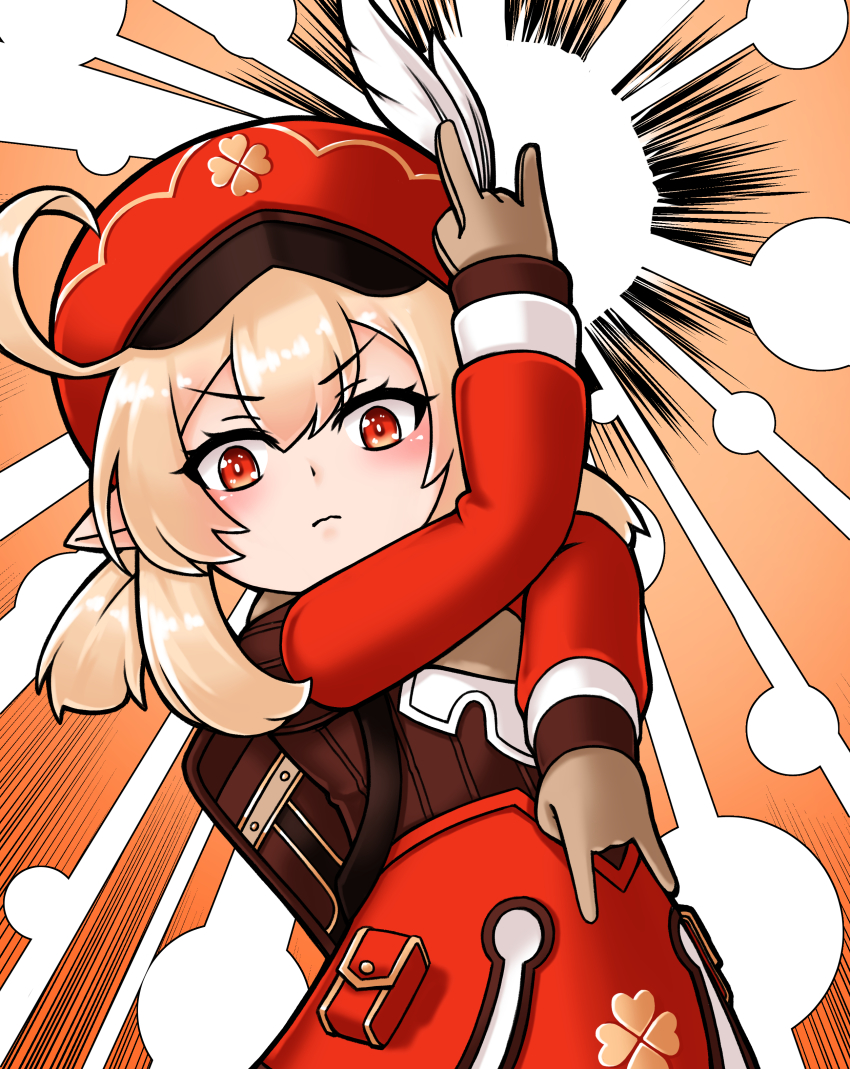 1girl, absurdres, ahoge, backpack, bag, bite_the_dust_(jojo), brown_gloves, clover_print