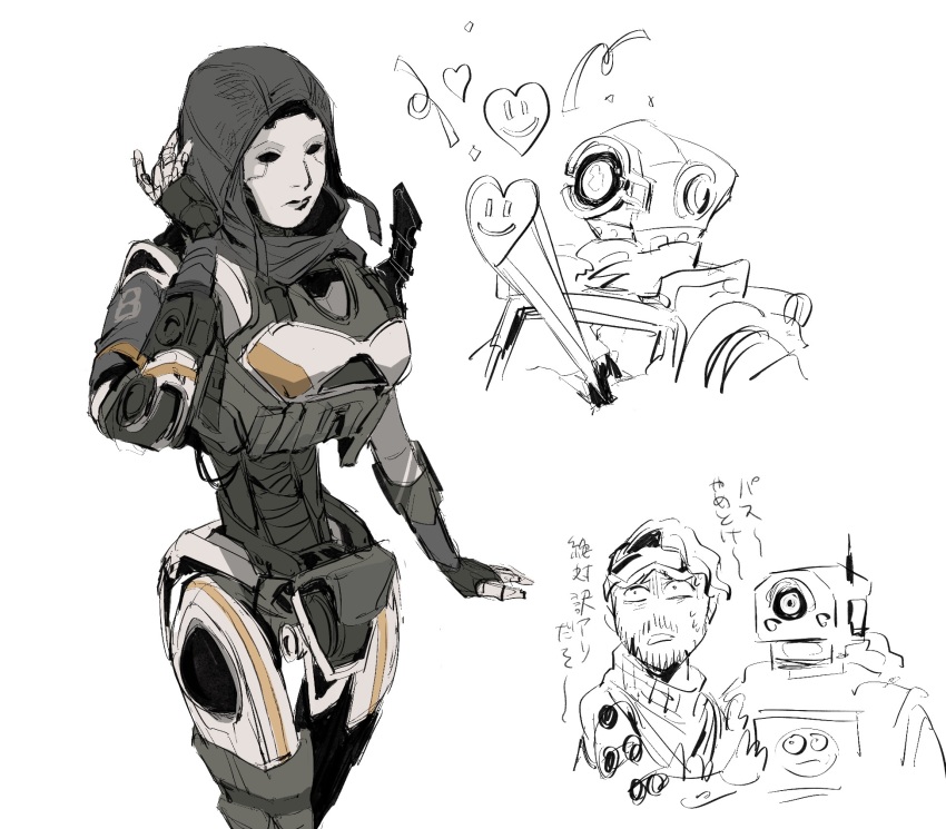 1girl, 2boys, animification, apex_legends, ash_(titanfall_2), bad_id, bad_pixiv_id, beard, black_eyes, confetti, facial_hair, goggles, goggles_on_head, heart, highres, hood, hood_up, humanoid_robot, looking_ahead, mask, mirage_(apex_legends), mrvn, multiple_boys, mustache, one-eyed, open_hand, pathfinder_(apex_legends), robot, scarf, science_fiction, shaded_face, simulacrum_(titanfall), sketch, solo_focus, streamers, titanfall_(series), titanfall_2, translation_request, white_background, y_(user_rjry7778)