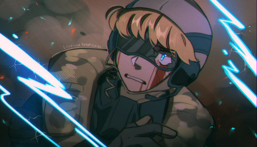 1girl, absurdres, apex_legends, black_gloves, blood, blood_on_face, blue_eyes, broken_goggles, camouflage, dust, electricity, facial_scar, fly-by-wire_wattson, gloves, goggles, headset, highres, huge_filesize, leorlontyan, one_eye_covered, portrait, scar, scar_on_cheek, scar_on_face, scowl, solo, wattson_(apex_legends), white_headwear