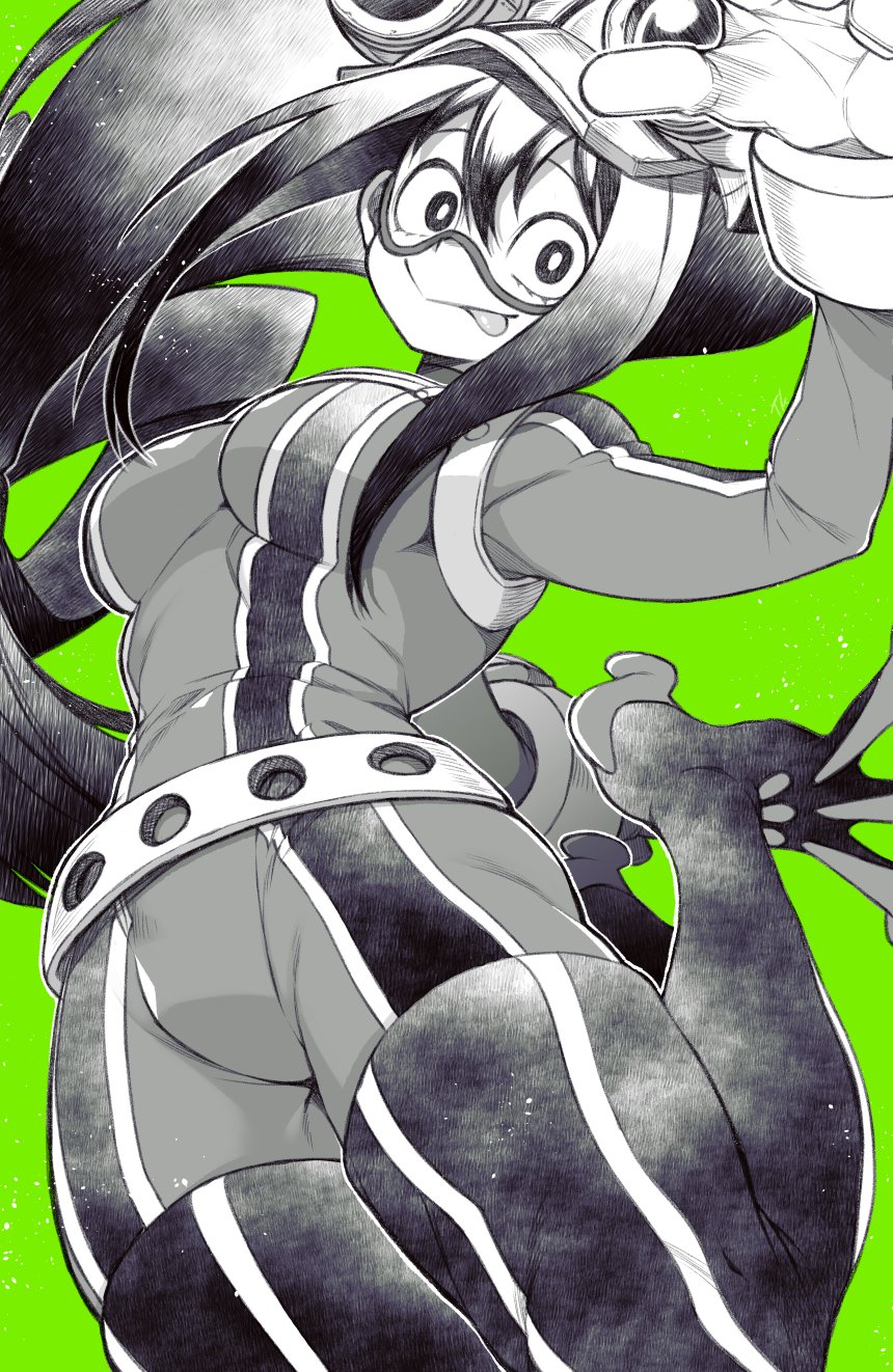 :>, asui_tsuyu, bodysuit, boku_no_hero_academia, frog_girl, goggles, goggles_on_head, green_background, greyscale_with_colored_background, highres, long_hair, looking_at_viewer, low-tied_long_hair, partial_monochrome, simple_background, solo, takatsuki_ichi, tongue
