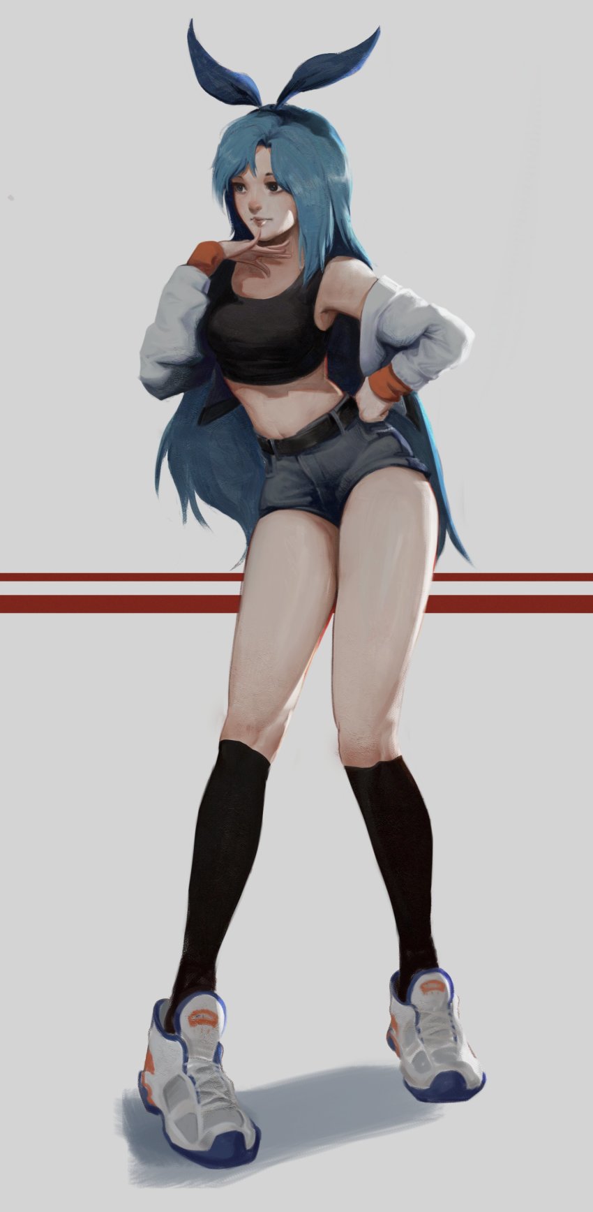 1girl, absurdres, bae_minah_(chaesu), belt, black_belt, black_socks, black_sports_bra, blue_eyes