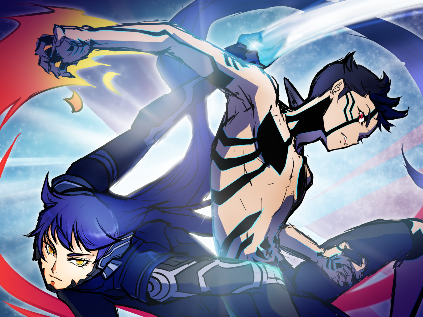 2boys, absurdres, androgynous, armor, black_hair, blue_eyes, bodysuit, bowl_cut, brown_hair, collarbone, crossover, demi-fiend, eyelashes, full-body_tattoo, highres, long_hair, looking_at_viewer, male_focus, moking999, multiple_boys, protagonist_(aogami_nahobino)_(smtv), protagonist_(smtv), purple_hair, school_uniform, shin_megami_tensei, shin_megami_tensei_iii:_nocturne, shin_megami_tensei_v, short_hair, shorts, simple_background, smile, sword, tattoo, topless_male, very_long_hair, weapon, yellow_eyes