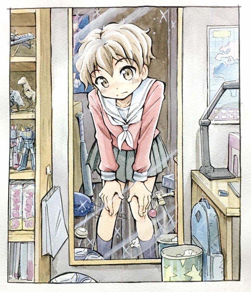 1boy, bedroom, crossdressing, crossdressing_(mtf), highres, mirror, pov, reflection
