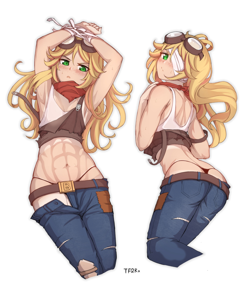 1girl, abs, armpits, ascot, bandage_over_one_eye, belt, blonde_hair, blush, bound, bound_wrists, denim, goggles, goggles_on_head, green_eyes, highres, hololive, hololive_english, jeans, long_hair, mythbreakers_(hololive_english), pants, scout_(mythbreakers), simple_background, sleeveless, solo, sweatdrop, tan, tank_top, tanline, tanline_peek, tfqr, thong, torn_clothes, torn_pants, virtual_youtuber, white_background