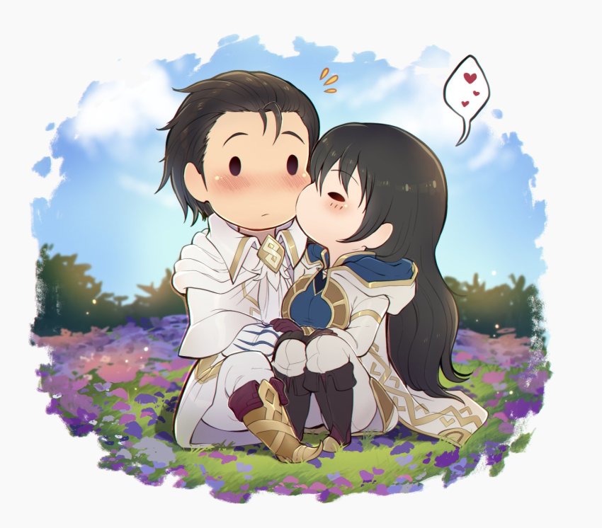 1boy, 1girl, alternate_costume, black_eyes, black_hair, blush, chibi, closed_eyes, closed_mouth, couple, evomanaphy, female_kiran_(fire_emblem), fire_emblem, fire_emblem:_thracia_776, fire_emblem_heroes, flower, heart, hetero, highres, holding_hands, kiran_(fire_emblem), kiss, kissing_cheek, long_hair, lucina_(fire_emblem), nintendo, original, reinhardt_(fire_emblem), reinhardt_(resplendent)_(fire_emblem), scenery, speech_bubble