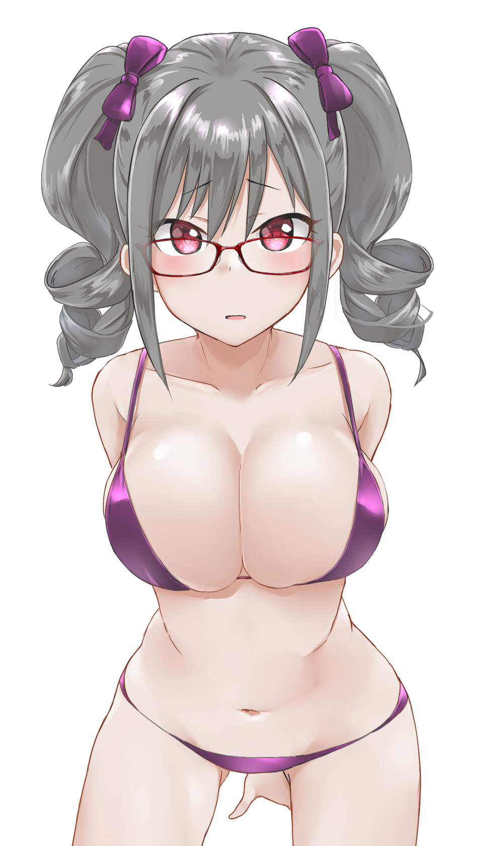 1girl, aimobake, alternate_breast_size_(larger), bare_shoulders, bespectacled, bikini, blush, bow, breasts, collarbone, commentary_request, drill_hair, glasses, grey_hair, hair_bow, highres, idolmaster, idolmaster_cinderella_girls, kanzaki_ranko, large_breasts, leaning_forward, looking_at_viewer, midriff, navel, open_mouth, pink_eyes, purple_bikini, purple_bow, red-framed_eyewear, short_twintails, sidelocks, simple_background, solo, swimsuit, twin_drills, twintails, white_background