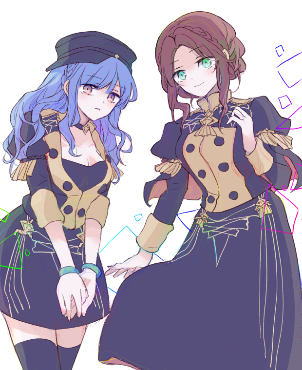 2girls, alternate_costume, alternate_hairstyle, black_headwear, black_legwear, black_skirt, blue_hair, blunt_bangs, braid, breasts, brown_eyes, brown_hair, buttons, newsboy_cap, closed_mouth, commentary_request, cosplay, costume_switch, crown_braid, dorothea_arnault, dorothea_arnault_(cosplay), epaulettes, fire_emblem, fire_emblem:_three_houses, forehead, garreg_mach_monastery_uniform, green_eyes, hand_on_own_chest, hat, juliet_sleeves, kitano_373, long_skirt, long_sleeves, looking_at_viewer, marianne_von_edmund, marianne_von_edmund_(cosplay), medium_breasts, miniskirt, multiple_girls, nintendo, own_hands_together, parted_lips, puffy_sleeves, sidelocks, skirt, smile, thighhighs, white_background
