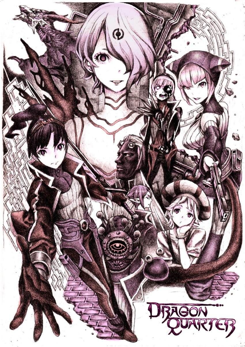 4boys, 4girls, bosch_1/64, breath_of_fire, breath_of_fire_v, capcom, dragon, glasses, goggles, gun, hat, highres, lin, lin_(breath_of_fire), mebeth, monochrome, monster, multiple_boys, multiple_girls, nina_(breath_of_fire_v), nobita_(makoto7060355), oshieta_girl, purple_theme, ryu_(breath_of_fire_v), short_hair, tantra, weapon, zeno_1/128