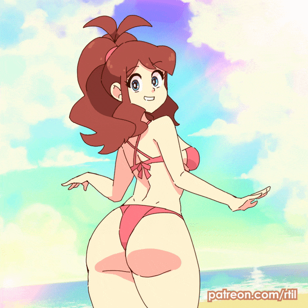 1girl, animated, animated_gif, aqua_eyes, artist_name, ass, ass_shake, backboob