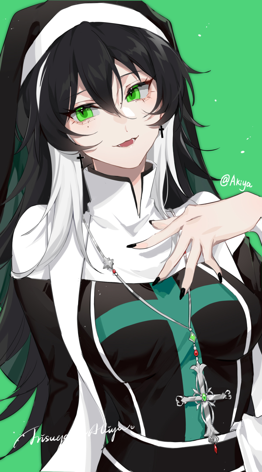 1girl, absurdres, akiya_0627, artist_name, black_hair, black_nails, breasts, character_request, cross, cross_earrings, cross_necklace, earrings, english_text, fingernails, green_background, green_eyes, green_theme, habit, hand_on_own_chest, high_collar, highres, jewelry, long_fingernails, looking_at_viewer, mole, mole_under_eye, multicolored_hair, nail_polish, necklace, open_mouth, science_adventure, solo, steins;gate, upper_body, white_hair