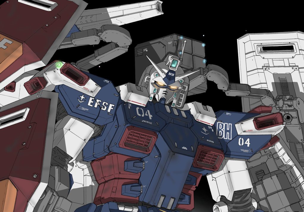 aron_e, full_armor_gundam, glowing, glowing_eyes, gundam, gundam_thunderbolt, looking_at_viewer, mecha, missile_pod, no_humans, robot, shield, solo, space, upper_body, v-fin, yellow_eyes