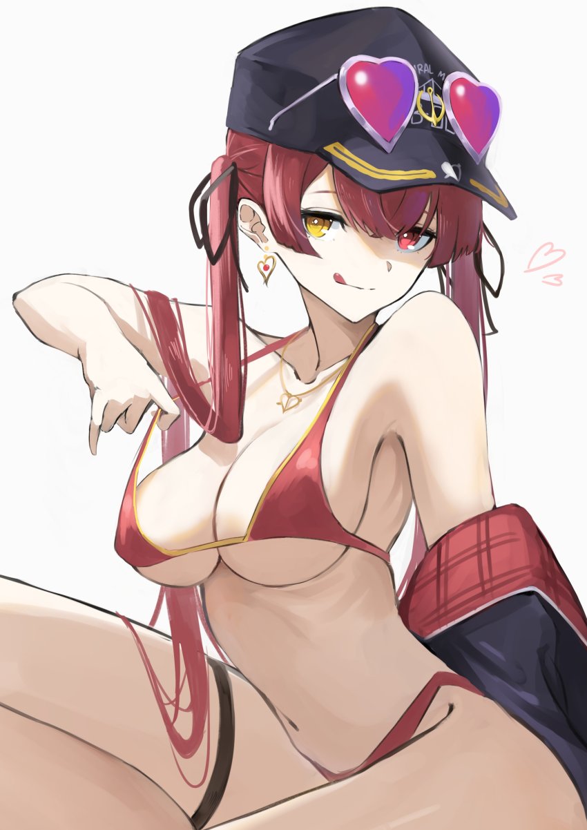 1girl, absurdres, arrow_through_heart, baseball_cap, bikini, black_coat, black_hat, black_ribbon, breasts, cleavage, closed_mouth, coat, collarbone, commentary, cowboy_shot, earrings, eyewear_on_headwear, hair_ribbon, hat, heart, heart-shaped_eyewear, heart_earrings, heart_necklace, heterochromia, highres, hololive, houshou_marine, houshou_marine_(summer), hz_(helu_2), jewelry, large_breasts, licking_lips, long_hair, looking_at_viewer, navel, necklace, off_shoulder, official_alternate_costume, red_bikini, red_eyes, red_hair, ribbon, simple_background, sitting, smile, solo, stomach, straight_hair, sunglasses, swimsuit, thigh_strap, thighs, tongue, tongue_out, twintails, virtual_youtuber, white_background, yellow_eyes